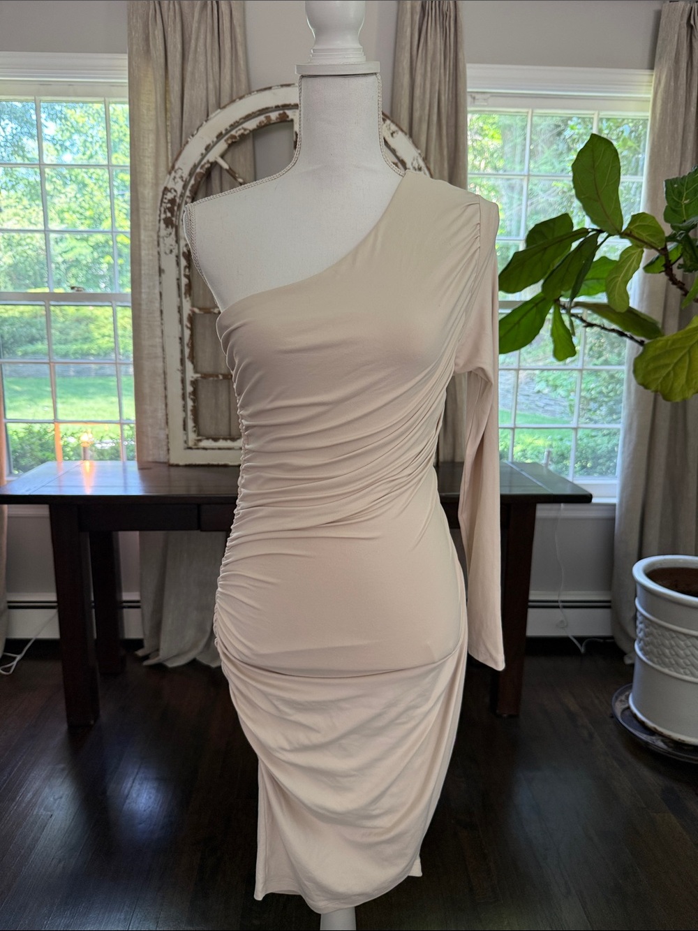 Bodycon One-Shoulder Ruched Midi Dress - Cream by Susana Monaco